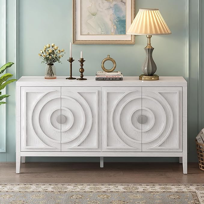 Retro Sideboard with Circular Groove Design Round Metal Door Handle,Wooden Buffet Cabinet,W/Adjustable Shelves & Open Countertop,for Entrance Living Dinning Room,White, 60" - LeafyLoom