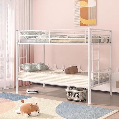 VECELO Metal Loft Bed Twin Size with Desk Industrial Bunkbeds with Ladder and Full-Length Guardrail, Noise Free, No Box Spring Needed, White - LeafyLoom