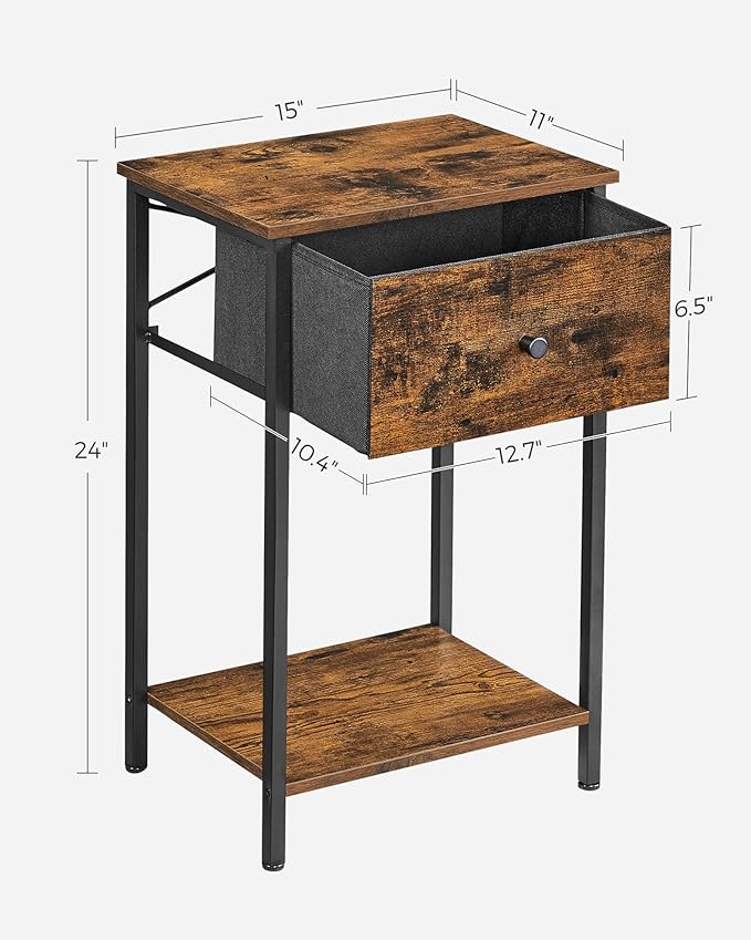 VASAGLE Nightstand, Side Table with Fabric Drawer, 24-Inch Tall End Table with Storage Shelf, Bedroom, Rustic Brown and Black ULGS021B01 - LeafyLoom