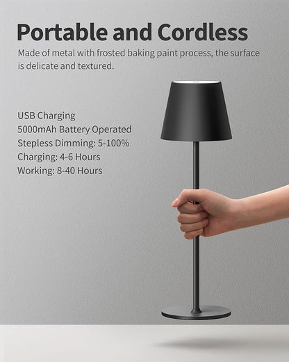 Cordless Rechargeable Table Lamp Set of 2, 5000mAh Battery Powered LED Desk Lamp, 3 Color Stepless Dimming Up, Portable Table Light Lamp for Bedroom Restaurant Outdoor (Black) - LeafyLoom