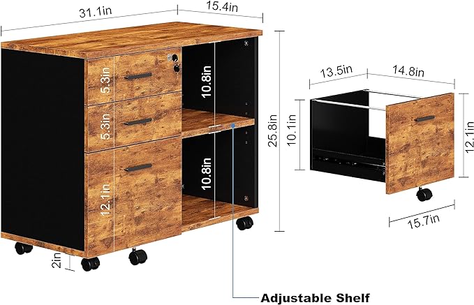 Wood File Cabinet, 3 Drawer Mobile Lateral Filing Cabinet On Wheels, Printer Stand with Open Storage Shelves for Home Office (Wood) - LeafyLoom