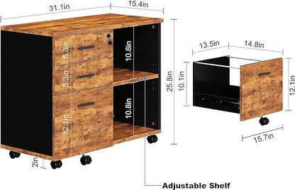 Wood File Cabinet, 3 Drawer Mobile Lateral Filing Cabinet On Wheels, Printer Stand with Open Storage Shelves for Home Office (Wood) - LeafyLoom