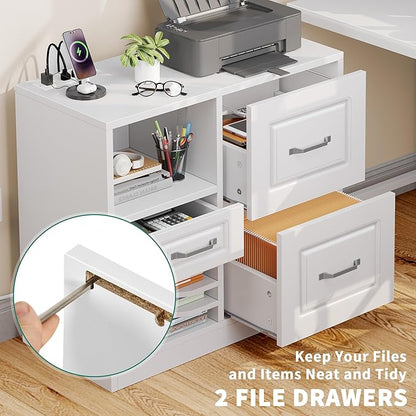 YITAHOME 3 Drawer File Cabinet, Filing Cabinet with Charging Station, Printer Stand with Open Storage Shelves, Fits for A4, Letter, Legal Size Files, White - LeafyLoom