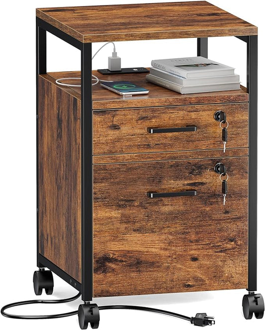 SUPERJARE File Cabinet with Lock & Charging Station, 2 Drawers Rolling Filing Cabinet, Office File Cabinet with Wheels & Open Shelf, for Home Office, A4/Letter Size Files - Rustic Brown - LeafyLoom