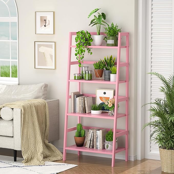 Homykic Bamboo Ladder Bookshelf, 4-Tier Ladder Shelf Open Book Shelf Freestanding Bookcase Bathroom Storage Rack Plant Stand for Living Room, Bedroom, Office, Easy Assembly, Pink - LeafyLoom