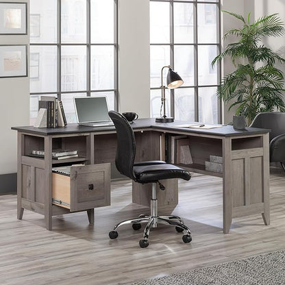 Sauder August Hill L-Shaped Home Office Desk, L: 59.06" x W: 58.74" x H: 29.25", Mystic Oak finish - LeafyLoom