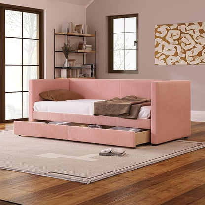 Twin Size Upholstered Daybed with 2 Storage Drawers, Corduroy Sofa Bed Frame for Living Room, Bedroom, Wood Slat Support, Pink - LeafyLoom