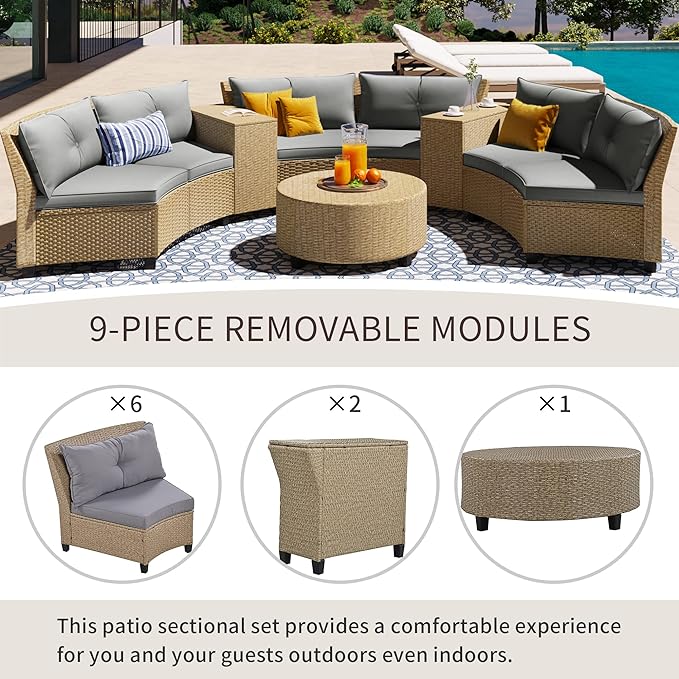 Outdoor 9 Pieces Patio Furniture Half Moon Wicker Sofa Sets, Fan-Shaped Curved Sectional Couch with Coffee Table and Gray Cushions, 1, Brown Rattan - LeafyLoom