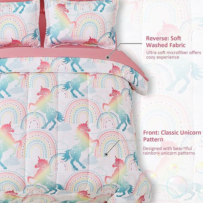 Twin Comforter Set for Girls, 6 Pieces Bed in a Bag, Colorful Unicorn Bedding Comforter Sheet Set, Ultra Soft and Fluffly, Pink & Rainbow Color, Colorful Bed in a Bag for Girls - LeafyLoom