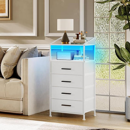 Nightstand 4 Drawer Dresser with LED Lights and Charging Station, Vertical Side Table with Fabric Drawers, End Table with Open Shelf, Tall Dresser for Bedroom, Hallway, Entryway, White - LeafyLoom