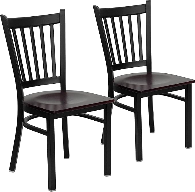 Flash Furniture 2 Pk. HERCULES Series Black Vertical Back Metal Restaurant Chair - Mahogany Wood Seat - LeafyLoom