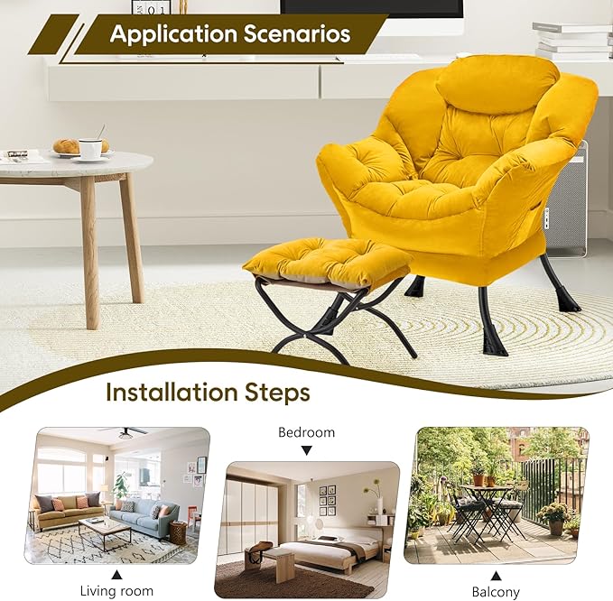 Lazy Chair with Folding Ottoman Modern Large Accent Chair,Contemporary Lounge Leisure Sofa Chair with Armrests Upholstered Sofa Armchair Reading Chair for Bedroom,Dorm & Office,Yellow - LeafyLoom