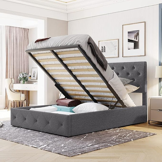 Full Upholstered Platform Hydraulic System, Lift Up Storage Bed Size with Headboard and Button Tufted, Wooden Bedframe for Teens Adults, B-Gray b - LeafyLoom