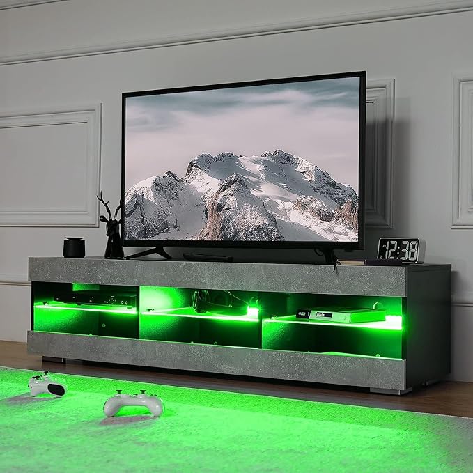 HOMMPA LED TV Stand for 65 inch TV Grey Black TV Stand with Led Lights Modern TV Entertainment Center with Glass Shelves TV Media Console for Living Room - LeafyLoom