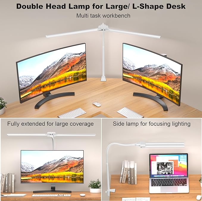 KableRika Desk lamp,Double Head LED Desk Lamp with Clamp,Architect Desk Lights for Home Office,Eye-Caring Desktop Office Lamp 4-Brightness 4-Color Table Lamp for Monitor Workbench Reading White - LeafyLoom