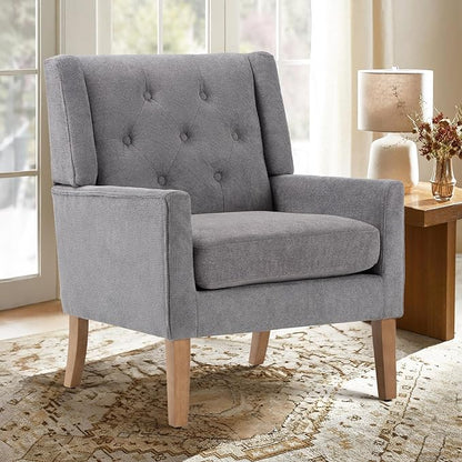 COLAMY Mid-Century Accent Chairs, Modern Wingback Living Room Chair, Upholstered Armchair with Button Tufted Back and Wood Legs for Bedroom/Office/Reading Spaces, Grey - LeafyLoom