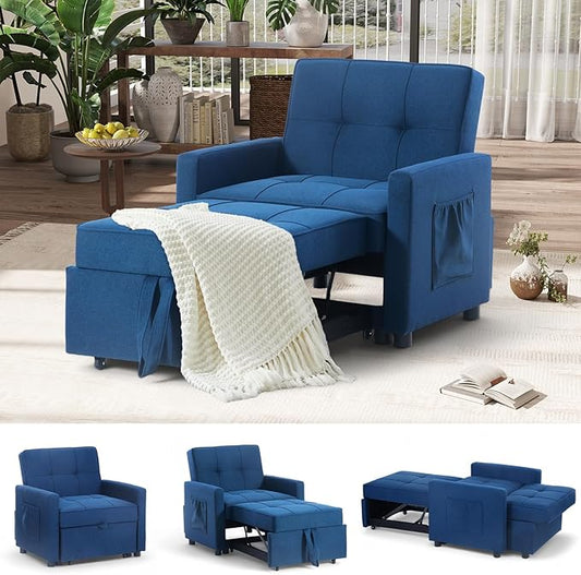 4-in-1 Convertible Sleeper Sofa, Single Pull Out Couch Chair with 6-Level Adjust Backrest Loveseat with Storage and Pillows, Modern Recliner for Living Room Apartment Office, Blue - LeafyLoom