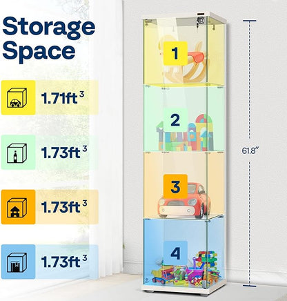 VIVOHOME 4 Layers 15.7''W x 15.7''D x 62.6''H Glass Display Cabinet Countertop Showcase with Lock, 5mm Tempered Glass 25mm MDF Base - LeafyLoom