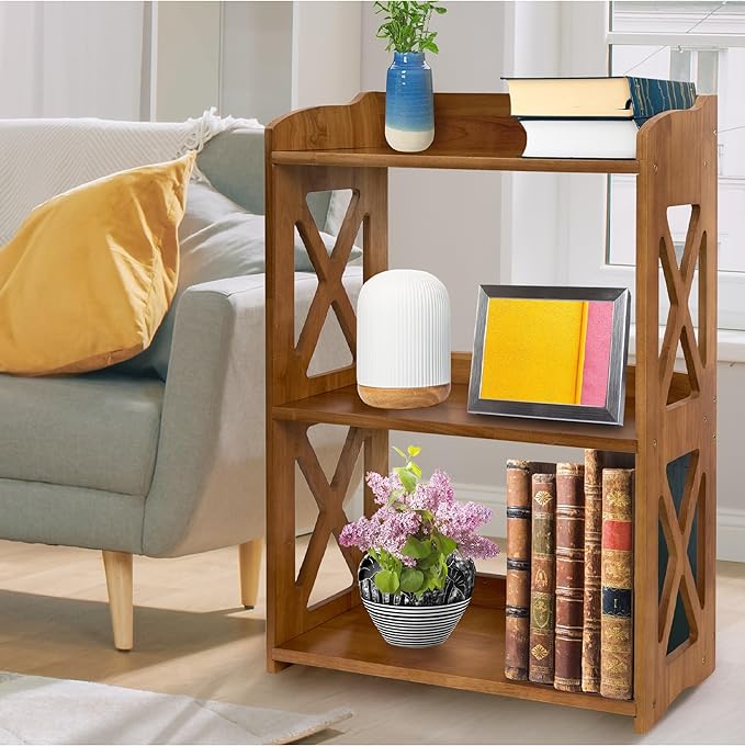 Side Table 3 Tier Bookshelf, Natural Wood Bookcase with Storage Shelf, Table Nightstand, Small Bookshelf, Open Bookcase, Display Rack for Office, Bedroom, Living Room and Kitchen (Brown) - LeafyLoom