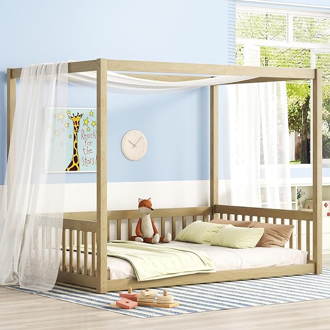 Full Size Canopy Bed Frame with Guardrails for Kids,Floor Bed Full with Four Poster Design,Kids Montessori Floor Bed,Wood Canopy Bed Frame for Girls,Boys(Full,Natural) - LeafyLoom