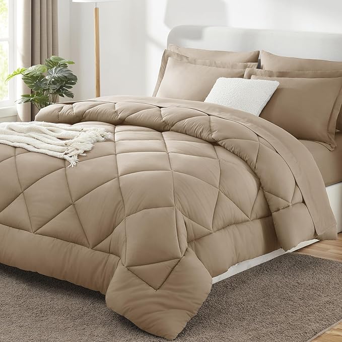 CozyLux King Comforter Set with Sheets 7 Pieces Bed in a Bag Taupe All Season Bedding Sets with Comforter, Pillow Shams, Flat Sheet, Fitted Sheet and Pillowcases - LeafyLoom