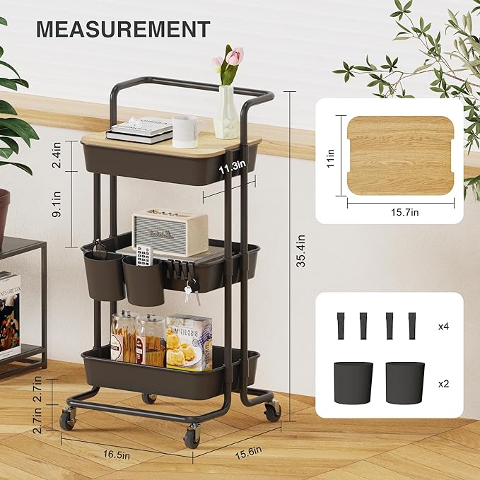 DTK 3 Tier Rolling Cart Uility Cart with Cover Board, Mobile Storage Cart with Wheels, Cups, Hooks for Office Utility Kitchen Bathroom Homeschool Art Craft Postpartum Teacher Cart Organizer(Black) - LeafyLoom