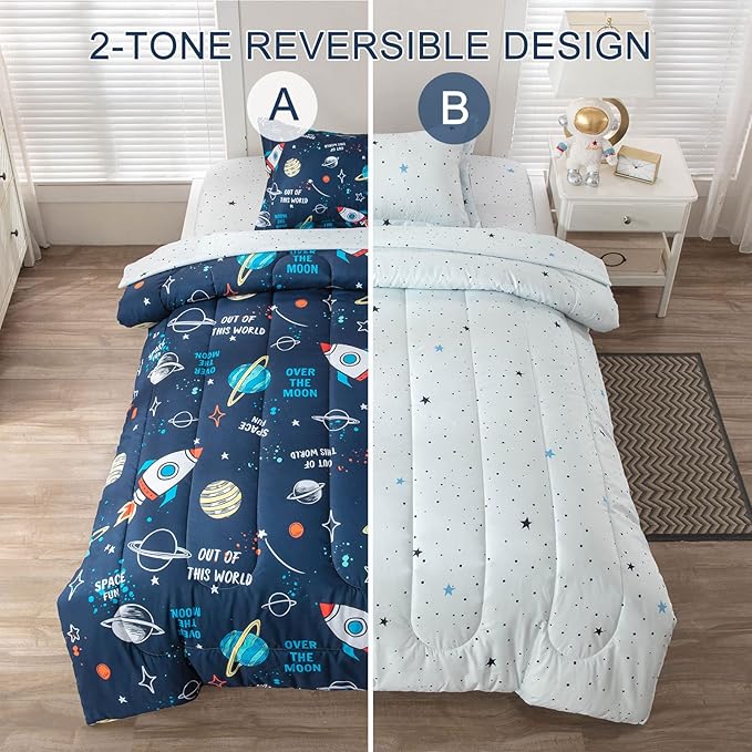 Planet Twin Comforter Set for Boys Girls 4-Piece Rocket Kids Bedding Sets Galaxy Space Stars Bedroom Decor - Include Reversible Comforter, Flat Sheet, Fitted Sheet and Pillowcase - LeafyLoom