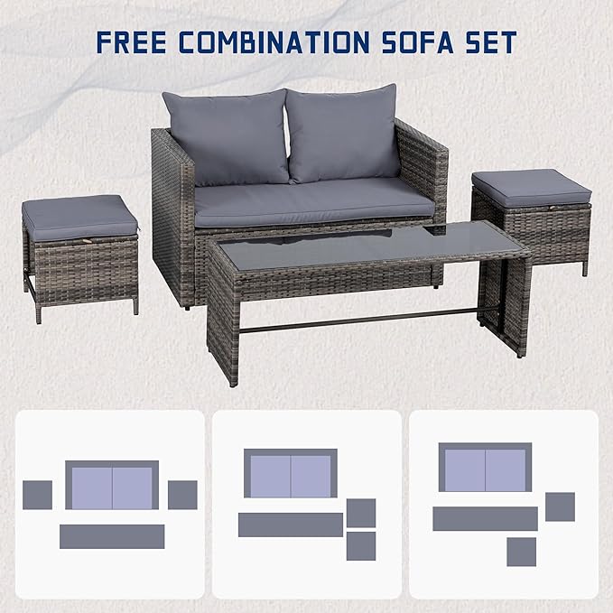 Shintenchi Patio Furniture 4 Pieces Wicker Patio Furniture Sets,Outdoor Wicker Conversation Set Rattan Sectional Sofa with Cushions&Coffee Table for Backyard Porch Garden Poolside Balcony,Gray - LeafyLoom