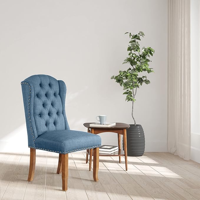 OSP Home Furnishings Jessica Button Tufted Wingback Upholstered Dining Chair with Wood Legs, Navy Blue Fabric - LeafyLoom