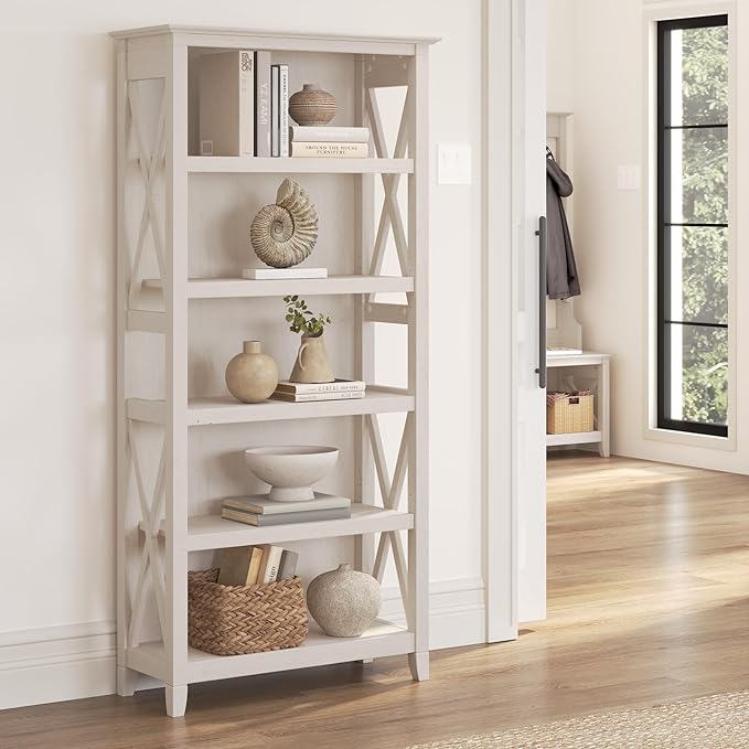 Bush Furniture Key West 2 Lateral File Cabinet | Document Storage & Key West Bookcase Shelf in Linen White Oak | Farmhouse Bookshelf Display Cabinet - LeafyLoom