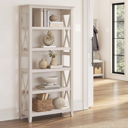 Bush Furniture Key West 2 Lateral File Cabinet | Document Storage & Key West Bookcase Shelf in Linen White Oak | Farmhouse Bookshelf Display Cabinet - LeafyLoom