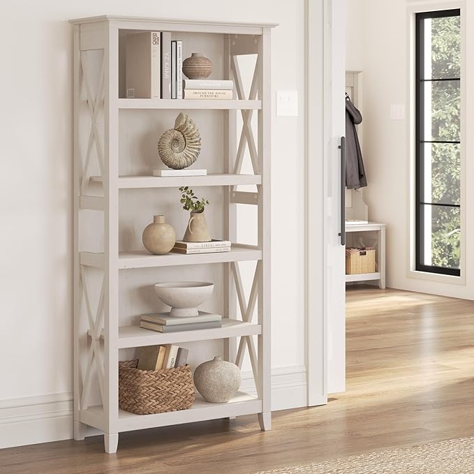 Bush Furniture Key West Bookcase Shelf in Linen White Oak | Farmhouse Bookshelf & Key West Computer Desk with Storage | Small for Home Office | Modern Farmhouse, 54W - LeafyLoom