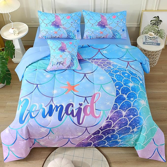 JQinHome Mermaid Comforter Set Full Size, 6 Piece Mermaid Tail Bed in A Bag,3D Colorful Mermaid Bedding Set for Girls Kids, Sparkle Teal Bedroom Decor Bedding Set with Sheets (Blue) - LeafyLoom