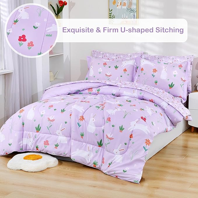 Mooreeke Bed in a Bag for Kids Girls Teens, 7 Pieces Full Size Comforter Bed Set with Shams, Sheet Set, Rabbit Purple Super Soft Microfiber Kids Comforter Bedding Set - LeafyLoom