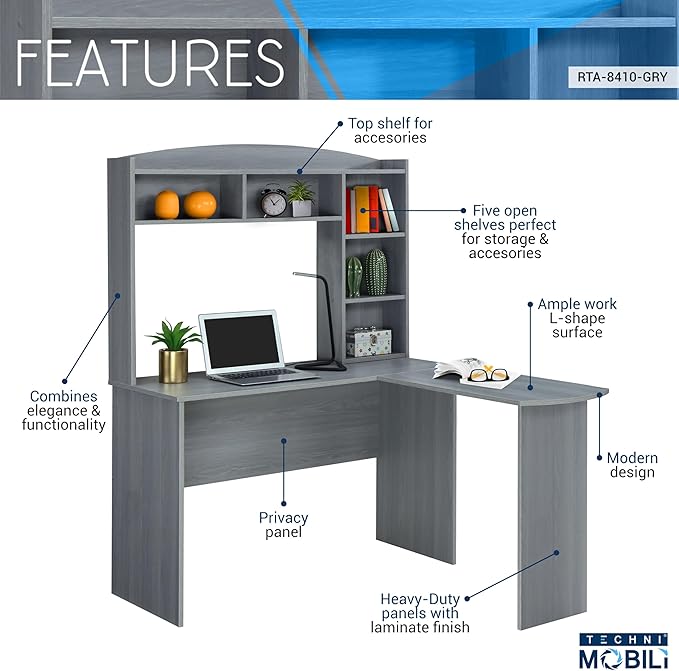 Techni Mobili Modern Hutch L-Shaped Computer Desk, Grey - LeafyLoom