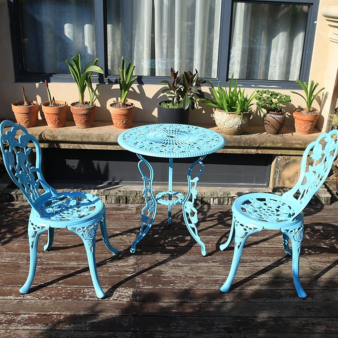 KAI LI Outdoor Furniture Bistro Set with Rose Pattern 1 Table 2 Chairs for Garden Patio Porch (Rose-Light Blue) - LeafyLoom