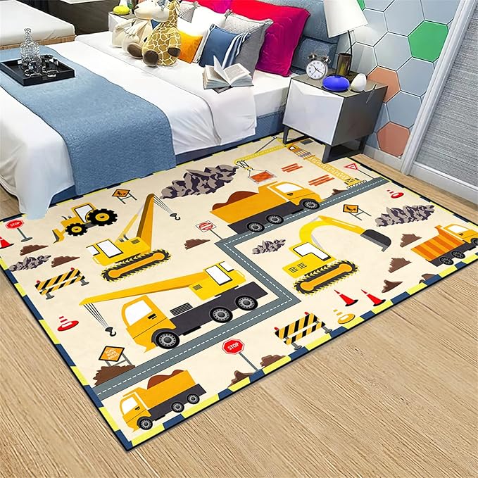 Construction Play Mat Car Rug Play Mat Construction Rugs for Boys Room Car Rug for Boys Room Construction Decor for Boys Room Playroom Rug for Livingroom 4'5''×6' - LeafyLoom