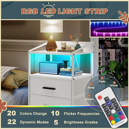 Nightstand 4 Drawer Dresser with LED Lights and Charging Station, Vertical Side Table with Fabric Drawers, End Table with Open Shelf, Tall Dresser for Bedroom, Hallway, Entryway, White - LeafyLoom