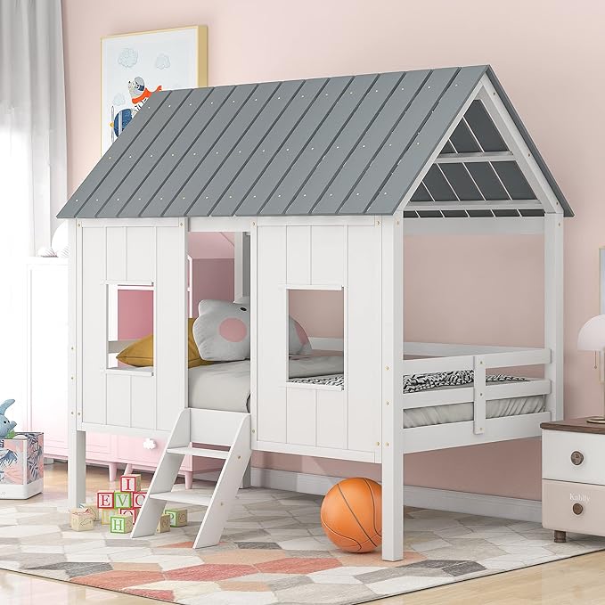 Twin Size Low Loft House Bed with Roof and Two Front Windows, Perfect for Kids Bedroom,Space Saving Design & No Box Spring Needed,80.4"x45.2"x71.4", White - LeafyLoom