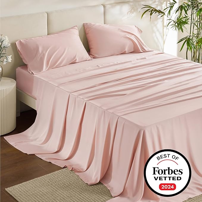 Bedsure Full Size Sheets, Cooling Sheets Full, Rayon Derived from Bamboo, Deep Pocket Up to 16", Breathable & Soft Bed Sheets, Hotel Luxury Silky Bedding Sheets & Pillowcases, Pink - LeafyLoom