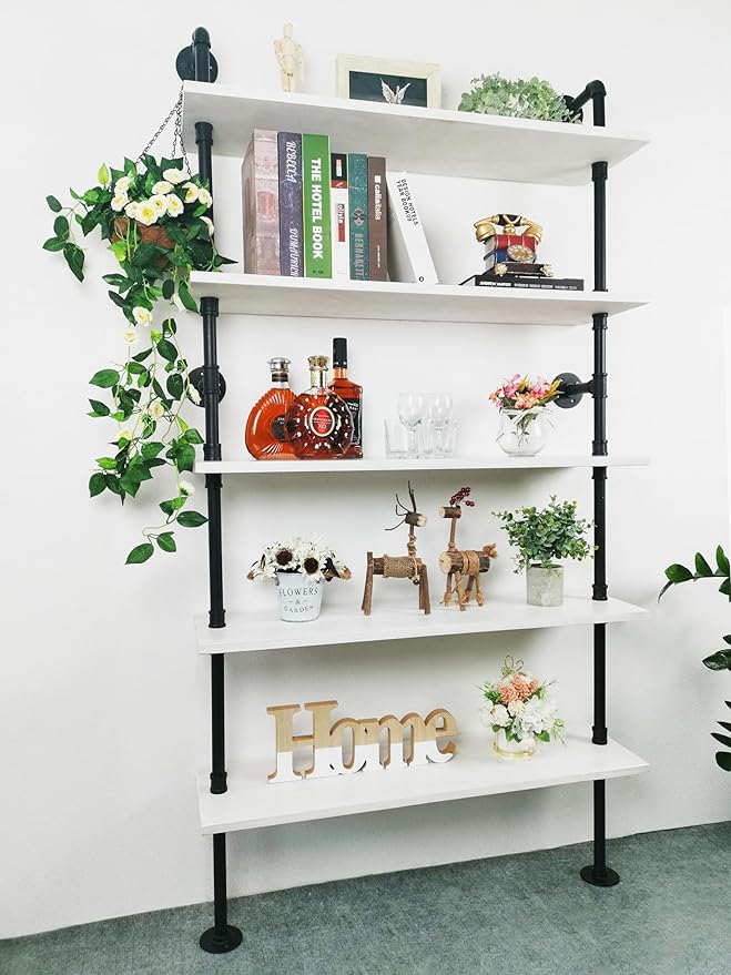 Ladder Pipe Shelves, Wall Mounted Industrial Shelves for Living Room Storage (White, 5 Tier - 10" D x 36" W x 70" H) - LeafyLoom