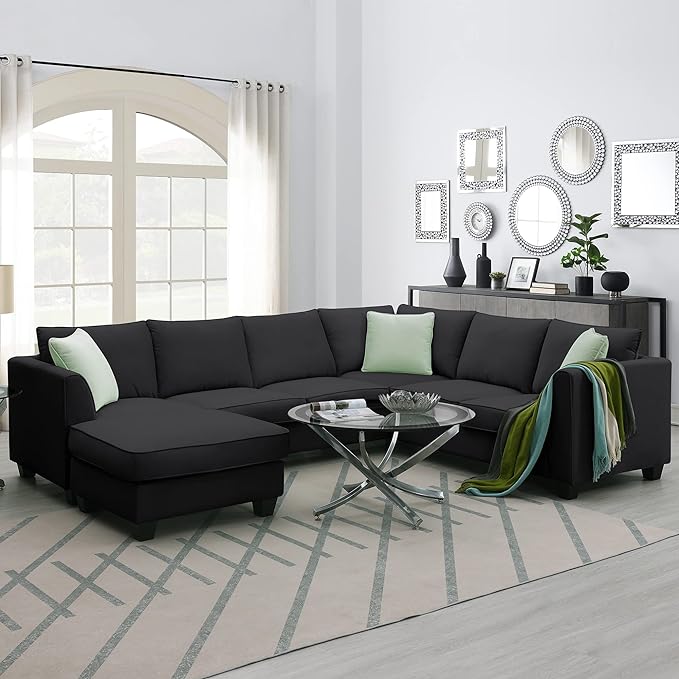 Modern Large U Sectional Sofa, 7 Seat with Movable Ottoman, L Shape Corner Couch for Living Room Furniture Sets Apartment,Office, E-Black - LeafyLoom