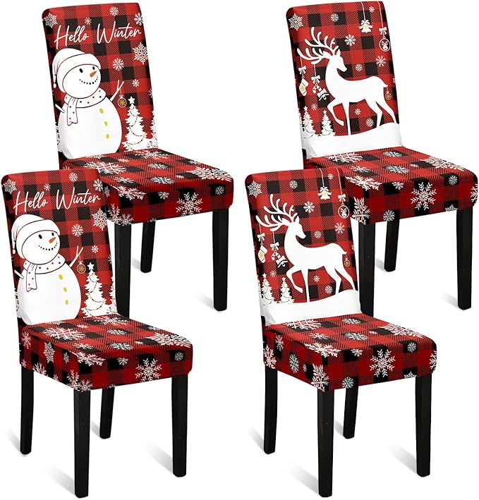 U'Artlines Christmas Chair Covers Set of 4, Removable Washable Merry Christmas Dining Chair Seat Covers Stretch Protector Slipcovers for Dining Room Kitchen Holiday Party Decor, Red Buffalo Plaid UArtlines