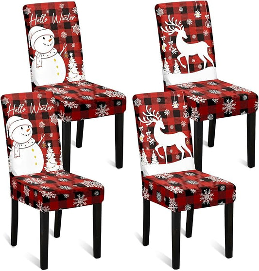 U'Artlines Christmas Chair Covers Set of 4, Removable Washable Merry Christmas Dining Chair Seat Covers Stretch Protector Slipcovers for Dining Room Kitchen Holiday Party Decor, Red Buffalo Plaid UArtlines