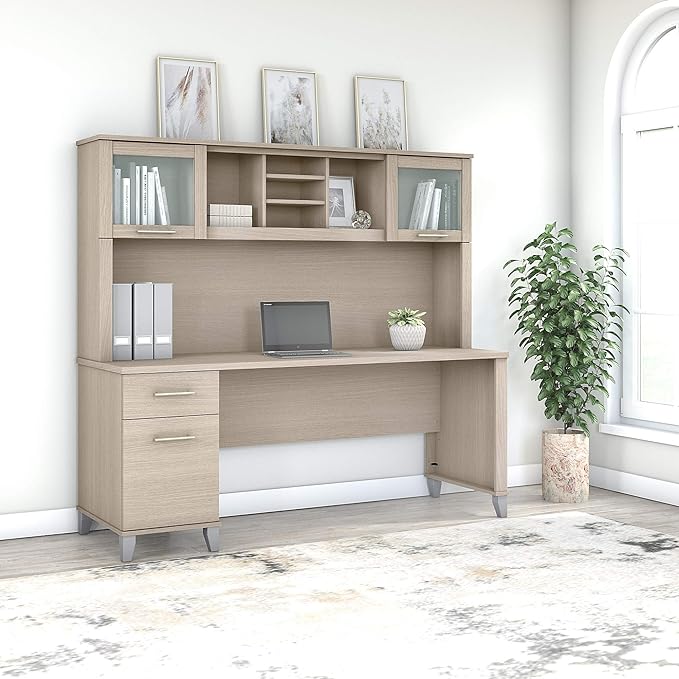 Bush Furniture Somerset 72W Office Desk with Drawers and Hutch in Sand Oak - LeafyLoom