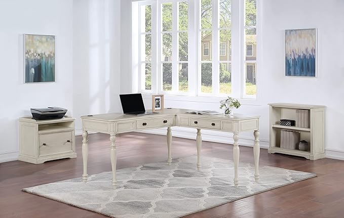 OSP Home Furnishings Country Meadows L-Shape Desk with 2 Full Drawers and Power Hub, Antique White - LeafyLoom