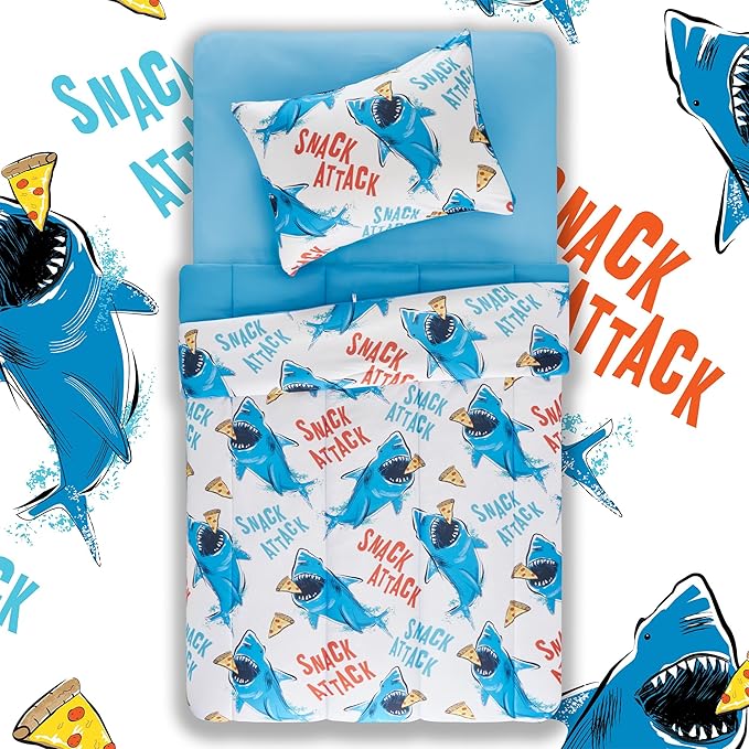 SLEEP ZONE Jersey Knit 2-Piece Twin Size Comforter Set, Blue Shark Design for Boys, Skin-Friendly and Breathable, Super Soft, Durable, Comfortable Kids Bedding Set（Sharks, Twin） - LeafyLoom