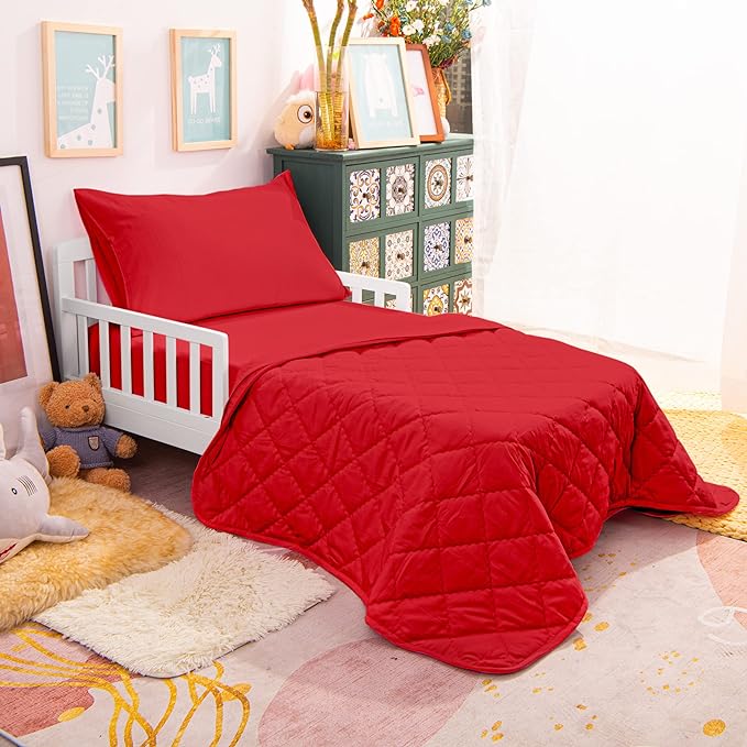 NTBAY Toddler Bedding Set - 4 Piece Soft and Breathable Crib Bedding Set for Boys and Girls, Includes Quilted Comforter, Fitted Sheet, Flat Top Sheet and Envelope Pillowcase, Wine Red - LeafyLoom