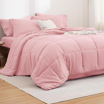 Bedsure Pink King Size Comforter Set - 7 Pieces Solid King Bed in a Bag, King Bed Set Pink with Comforters, Sheets, Pillowcases & Shams - LeafyLoom