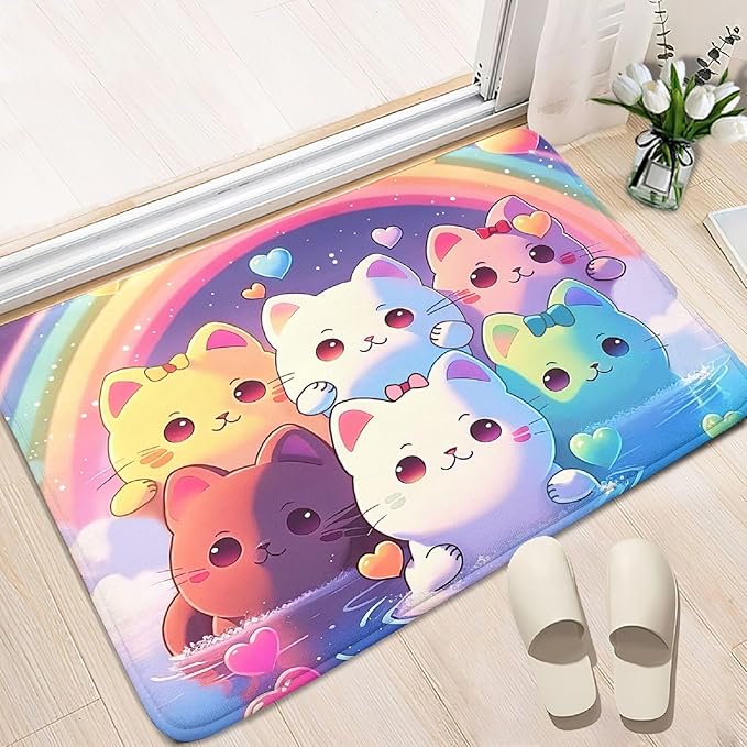 Rainbow Cat Rug for Girls - Colorful Cat Rug for Kids Bedroom Cute Cartoon Cat Pattern Rug Lovely Cat Rugs Room Decor Anime Cat Area Rug, 2x3 Feet - LeafyLoom